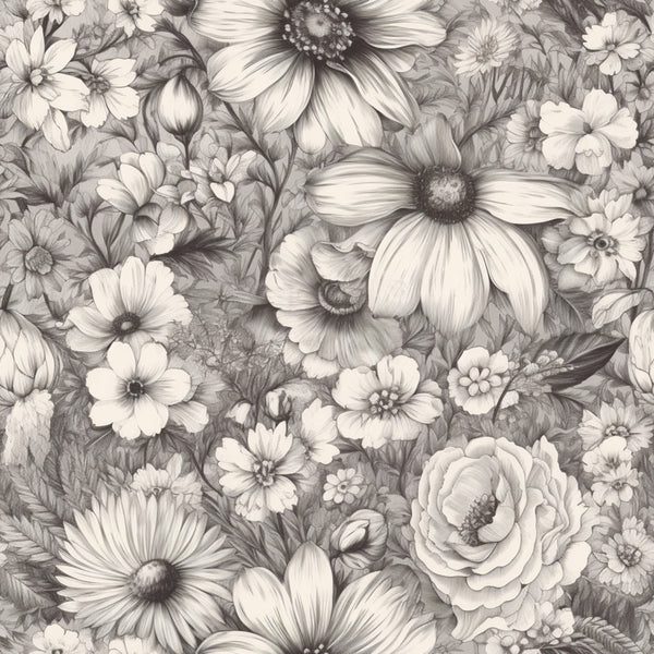 grayscale, black and white, monochrome, cream, ivory, light gray, dark gray, floral, botanical, daisy, rose, peony, wildflower, garden flowers, nature, vintage, traditional, elegant, romantic, detailed, realistic, botanical illustration, classic, timeless, spring, summer, nursery, bedroom, home decor, feminine