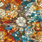 mosaic art, stained glass, geometric pattern, spiral design, nautilus shells, ammonite fossils, orange, teal, turquoise, brown, cream, amber, blue-green,, fabric panel, abstract swirls, curved lines, earthy tones, ocean colors, natural history, fossil pattern