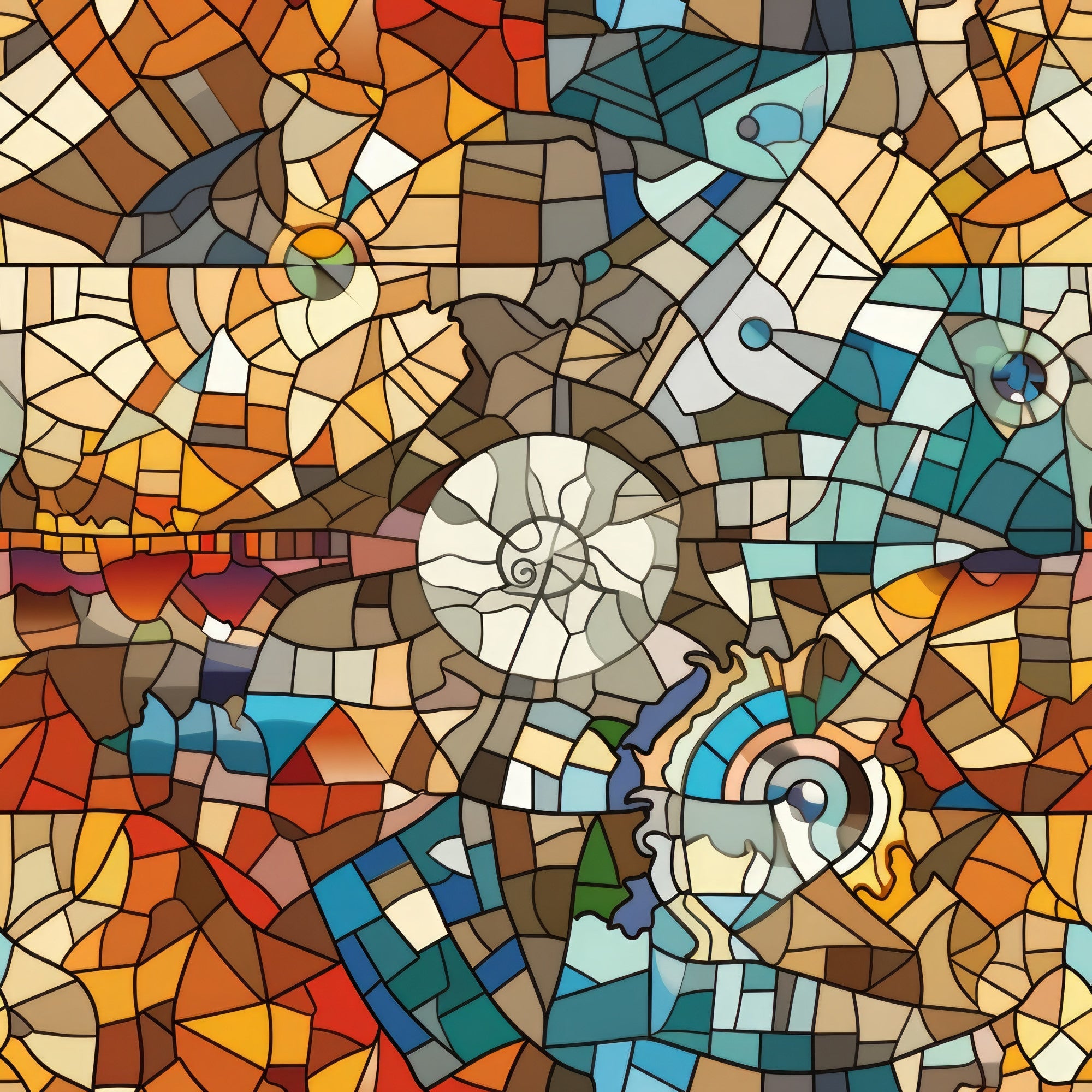 mosaic art, stained glass, geometric pattern, spiral design, nautilus shells, ammonite fossils, orange, teal, turquoise, brown, cream, amber, blue-green,, fabric panel, abstract swirls, curved lines, earthy tones, ocean colors, natural history, fossil pattern
