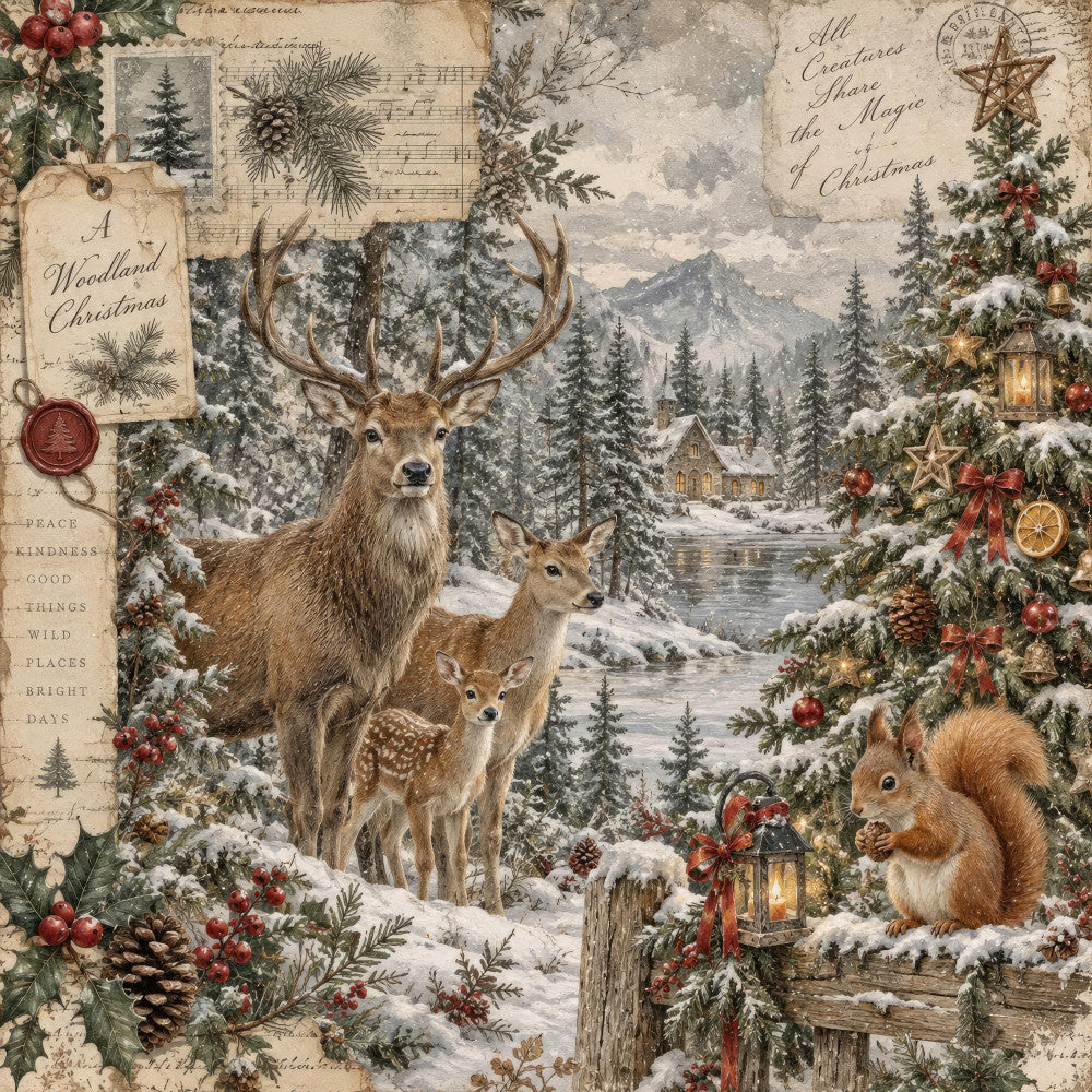 woodland christmas, vintage christmas, forest green, cream, dusty rose, burnt orange, gold, deer, reindeer, squirrel, snow, winter landscape, evergreen trees, pine trees, red berries, holly, pinecones, lantern, stars, musical notes, rustic, traditional, nature, wildlife, holiday, christmas, mountains, cabin, cozy, festive