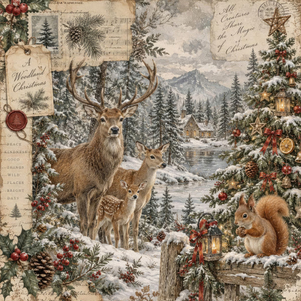 woodland christmas, vintage christmas, forest green, cream, dusty rose, burnt orange, gold, deer, reindeer, squirrel, snow, winter landscape, evergreen trees, pine trees, red berries, holly, pinecones, lantern, stars, musical notes, rustic, traditional, nature, wildlife, holiday, christmas, mountains, cabin, cozy, festive