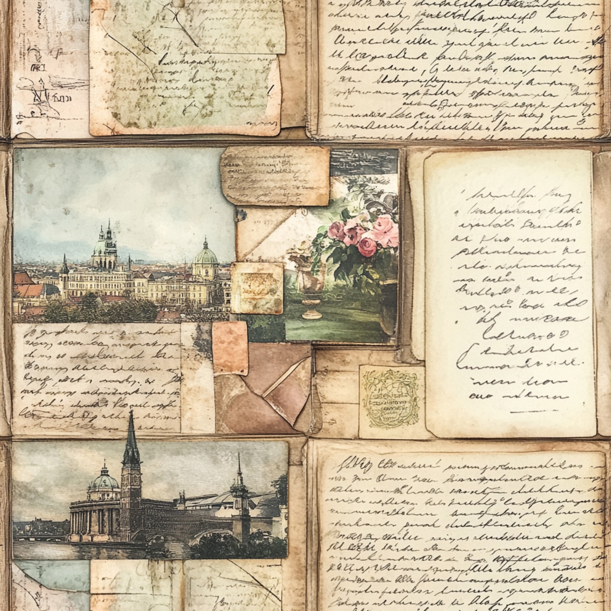 vintage postcards, aged paper, sepia tones, cream background, handwritten script, european architecture, cathedral spires, pink roses, floral bouquet, travel maps, antique letters, worn edges, nostalgic imagery,, fabric panel, muted colors, historical buildings, correspondence theme, old world charm, weathered textures