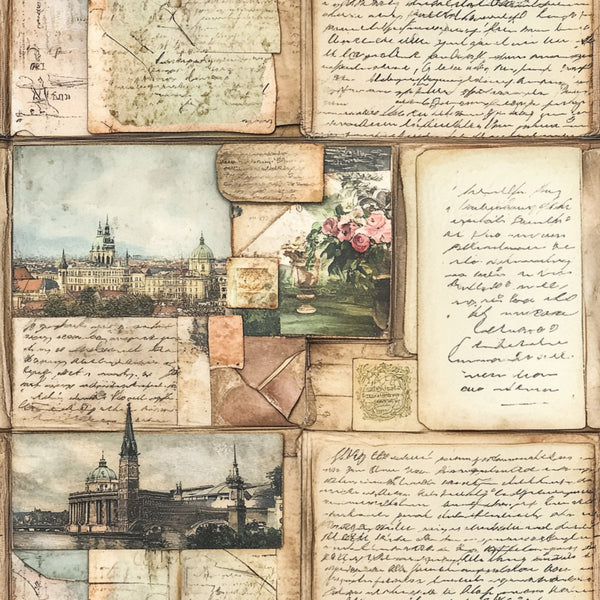 vintage postcards, aged paper, sepia tones, cream background, handwritten script, european architecture, cathedral spires, pink roses, floral bouquet, travel maps, antique letters, worn edges, nostalgic imagery,, fabric panel, muted colors, historical buildings, correspondence theme, old world charm, weathered textures