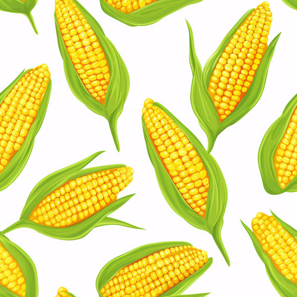 bright yellow, golden corn, green husks, corn cobs, vegetable pattern, seamless design, harvest theme, farm fresh, summer produce,, fabric panel, botanical illustration, food motif, kitchen theme, agricultural design, vibrant colors, repeating pattern, sweet corn, garden vegetables