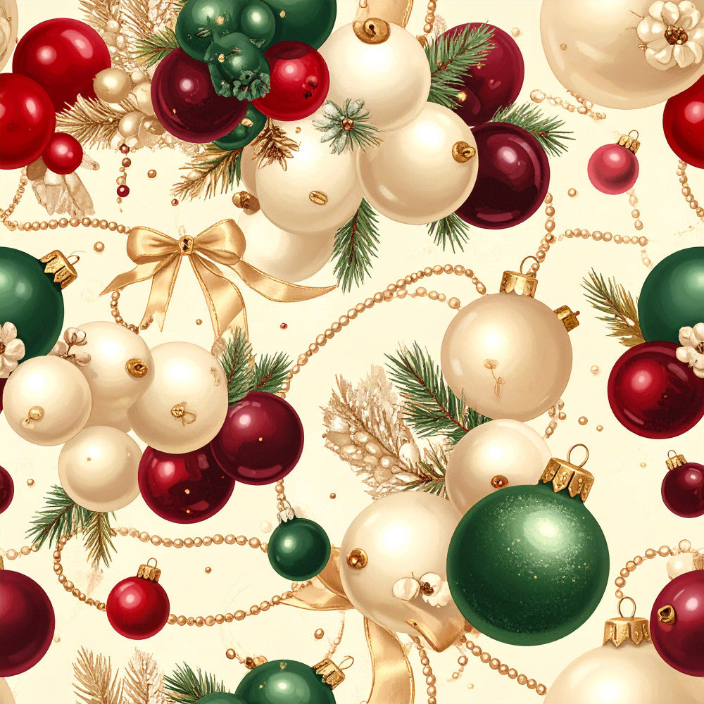 cream, red, burgundy, forest green, gold, champagne, christmas, holiday, ornaments, baubles, pearls, beads, evergreen branches, pine needles, elegant, festive, traditional, metallic accents, gold bows, ribbons, sparkly, shiny, vintage, decorative, seasonal, winter, formal, sophisticated, festive decor, celebration