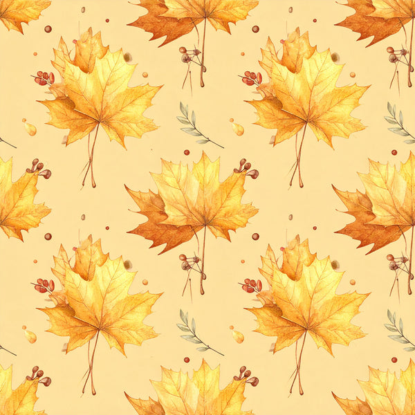autumn leaves, fall foliage, maple leaves, golden yellow, burnt orange, cream, warm gold, nature themed, seasonal, botanical, leaf pattern, repeating pattern, rustic, natural, whimsical, cozy, harvest, autumn aesthetic, fall colors, berries, red berries, decorative leaves, nature inspired, woodland, fall season, autumn decor, traditional, warm tones, botanical print