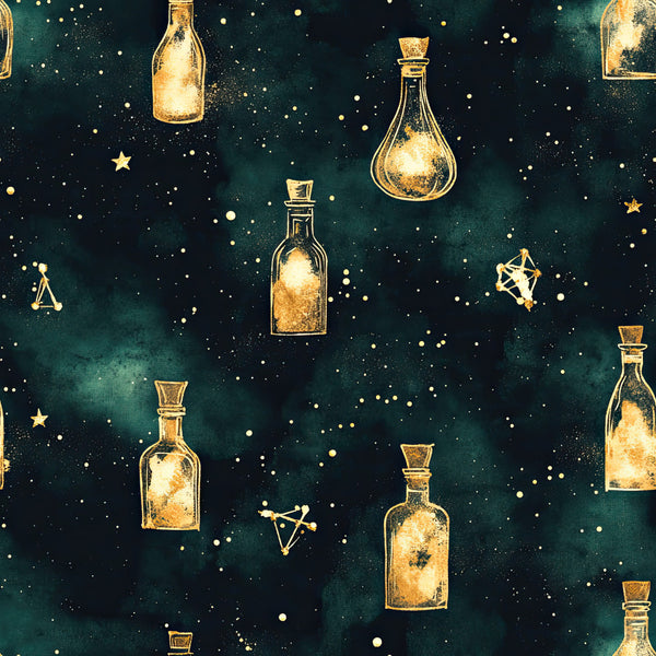 forest green, teal, dark teal, deep teal, gold, metallic gold, cream, celestial, stars, potion bottles, magic bottles, apothecary, mystical, enchanted, witch, witchy, magical, dark academia, whimsical, elegant, sophisticated, fantasy, night sky, starry, sparkly, glittery, vintage potion, dark moody, gem tones, luxe