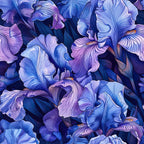 purple, blue, lavender, periwinkle, navy, iris flowers, floral pattern, botanical design, layered petals, ruffled edges, seamless repeat, watercolor style, artistic rendering, spring blooms, garden flowers,, fabric panel, nature motif, elegant florals, soft pastels