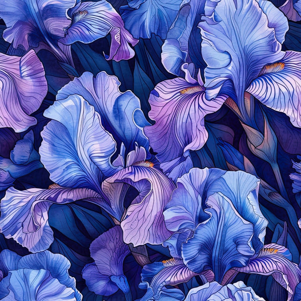 purple, blue, lavender, periwinkle, navy, iris flowers, floral pattern, botanical design, layered petals, ruffled edges, seamless repeat, watercolor style, artistic rendering, spring blooms, garden flowers,, fabric panel, nature motif, elegant florals, soft pastels