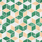 emerald green, peach orange, light gray, geometric cubes, isometric pattern, 3d blocks, hexagonal shapes, wizard symbols, magic icons, stars, envelopes, mystical elements, school theme,, fabric panel, geometric design, repeating pattern, contemporary style, magical motifs, craft fabric