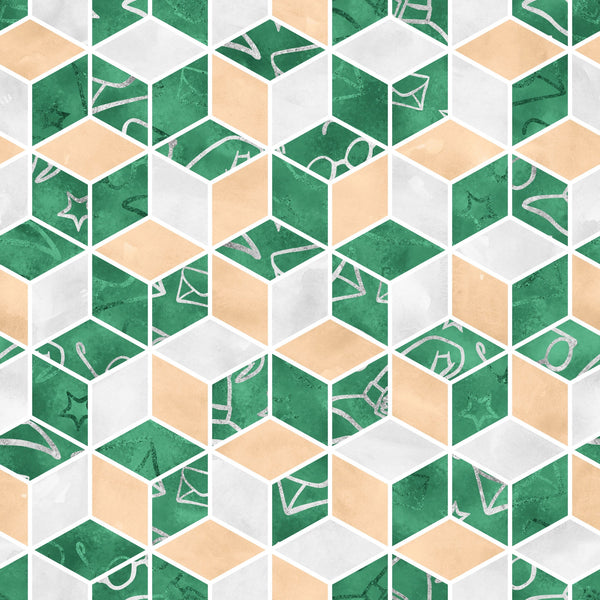 emerald green, peach orange, light gray, geometric cubes, isometric pattern, 3d blocks, hexagonal shapes, wizard symbols, magic icons, stars, envelopes, mystical elements, school theme,, fabric panel, geometric design, repeating pattern, contemporary style, magical motifs, craft fabric