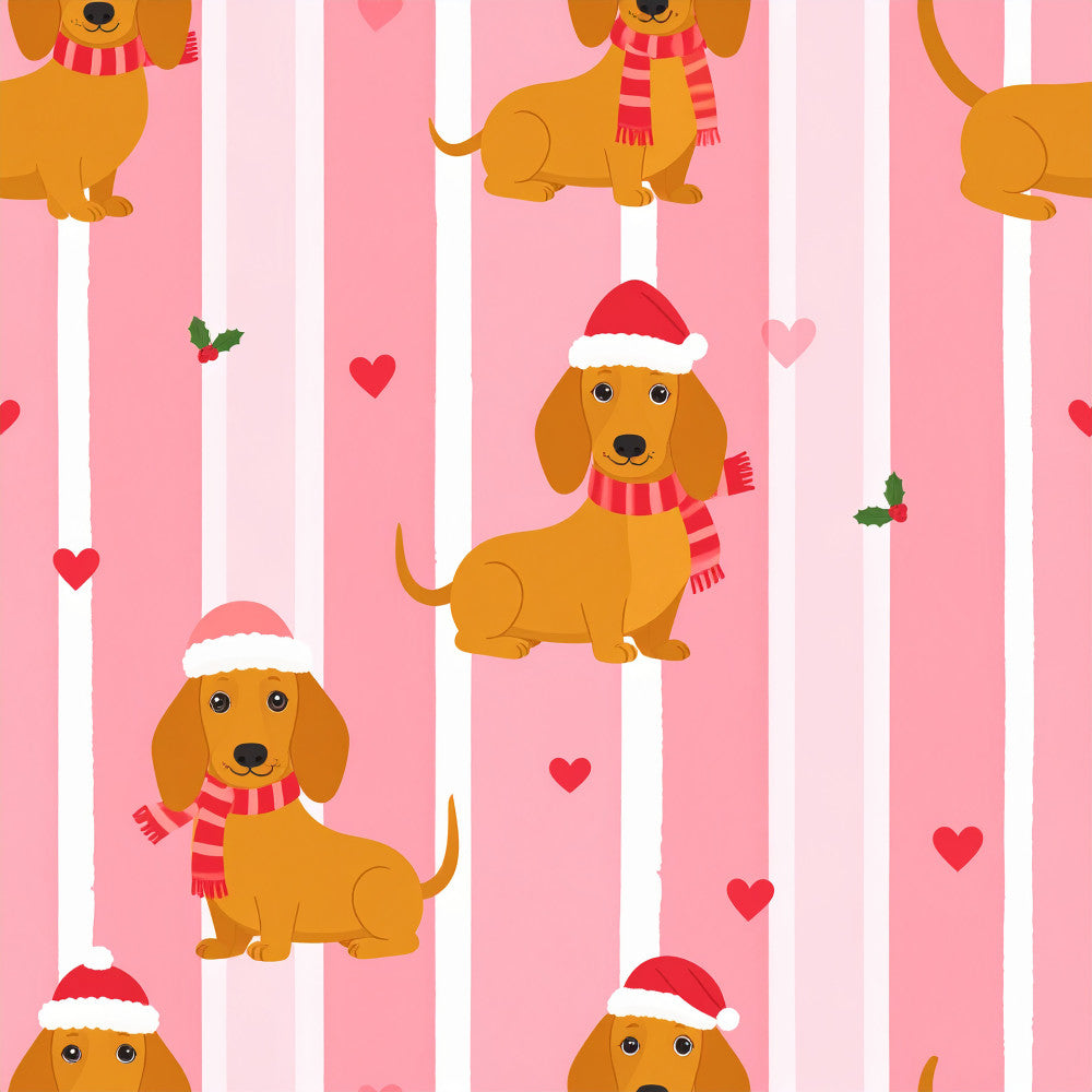 coral pink, white, striped, dachshund, dogs, holiday, christmas, festive, whimsical, playful, hearts, santa hat, red scarf, cute animals, kids, children, nursery, playroom, winter, seasonal, fun, cheerful, modern, sweet, puppy, long-haired dog, holly, red hearts, striped background
