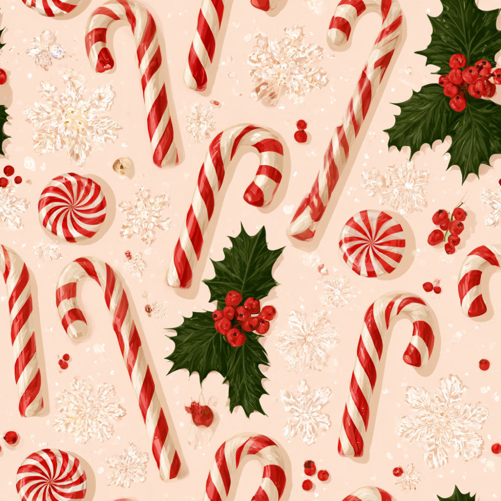 candy cane, peppermint, red and white striped, snowflakes, holly, christmas, holiday, festive, whimsical, playful, cream background, peppermint candy, sweets, dessert theme, traditional christmas, vintage holiday, red berries, winter, seasonal, kids, children's, playroom, nursery, classic candy, red and cream, geometric candy pattern, traditional design, retro candy