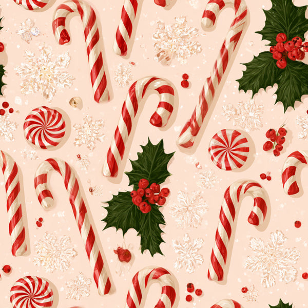 candy cane, peppermint, red and white striped, snowflakes, holly, christmas, holiday, festive, whimsical, playful, cream background, peppermint candy, sweets, dessert theme, traditional christmas, vintage holiday, red berries, winter, seasonal, kids, children's, playroom, nursery, classic candy, red and cream, geometric candy pattern, traditional design, retro candy