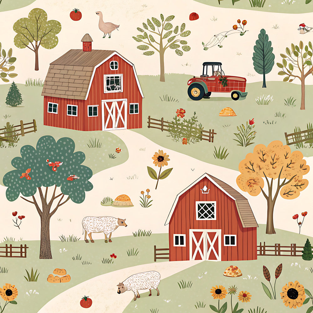 farmhouse, red barn, countryside, pastoral, whimsical, rustic, nature, animals, farm animals, sheep, goat, tractor, trees, sunflowers, tomatoes, apples, mushrooms, fence, rustic green, barn red, cream, sage green, golden yellow, autumn, spring, kids room, playroom, nursery, children's, toile