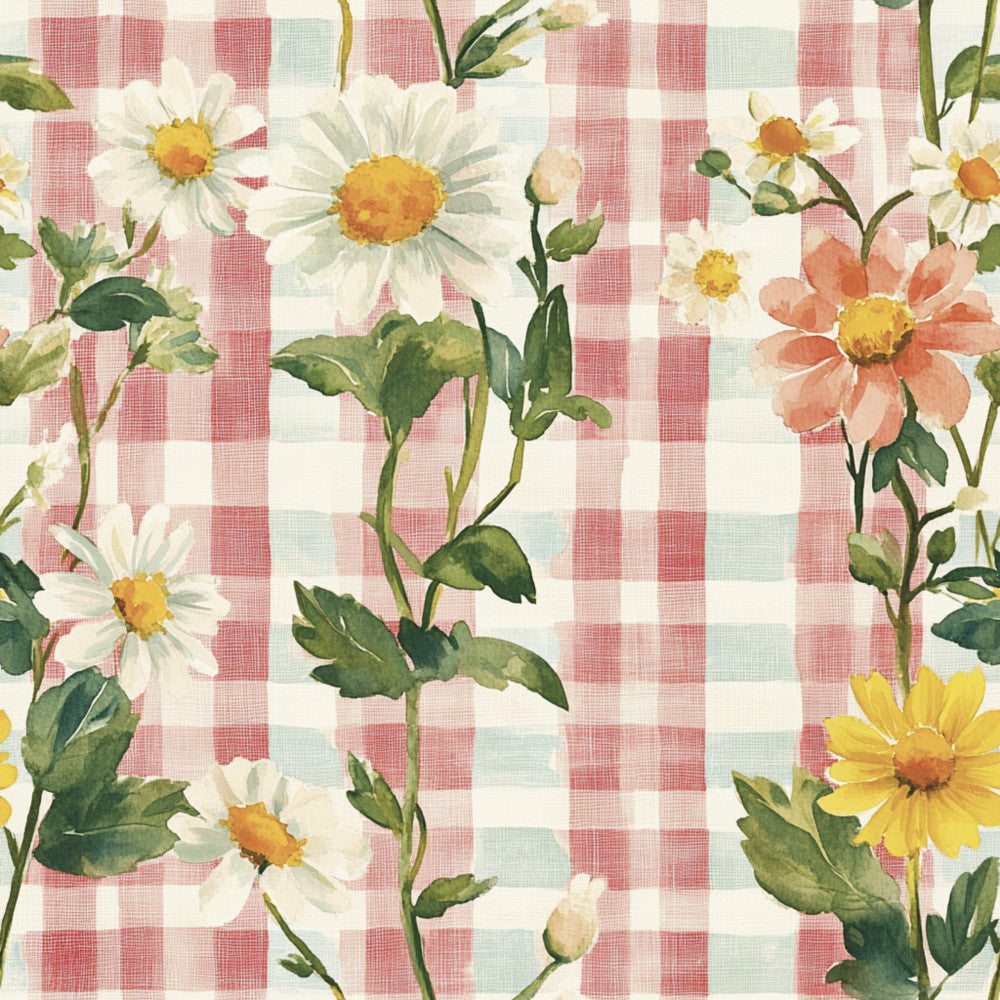 coral pink, cream white, sage green, yellow, gingham, checkered, plaid, floral, daisy, cottage core, farmhouse, vintage, spring, summer, garden, nature, pastoral, traditional, whimsical, rustic, cheerful, nostalgic, botanical, wildflower, country, picnic, retro, feminine, delicate, soft