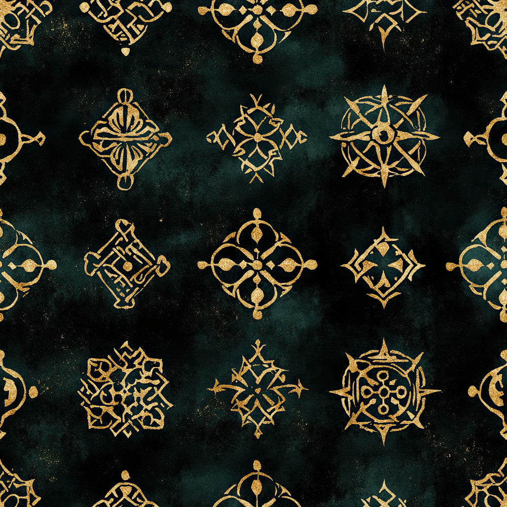 deep teal, forest green, gold, metallic gold, geometric, ornamental, mandala, celestial, stars, compass, medallion, elegant, luxurious, boho, bohemian, vintage, traditional, mystical, dark academia, jewel tone, ornate, decorative, symmetrical, artistic, sophisticated, moody, enchanting, magical, intricate patterns