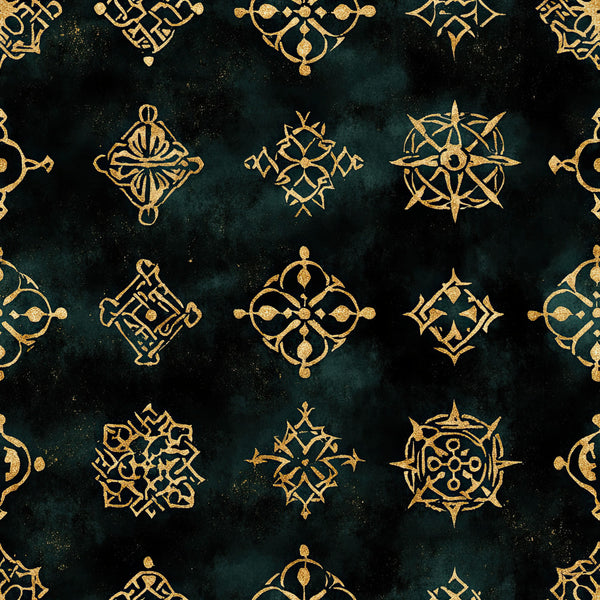 deep teal, forest green, gold, metallic gold, geometric, ornamental, mandala, celestial, stars, compass, medallion, elegant, luxurious, boho, bohemian, vintage, traditional, mystical, dark academia, jewel tone, ornate, decorative, symmetrical, artistic, sophisticated, moody, enchanting, magical, intricate patterns