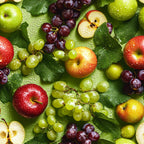 fresh fruits,, fabric panel, green grapes, red apples, purple grapes, lime green, deep red, golden yellow, realistic photography, water droplets, wet surface, green leaves, mixed fruits, vibrant colors, nature pattern, food motif, botanical design, fresh produce, dewy texture