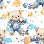 blue, teddy bear, astronaut bear, space theme, planets, stars, rockets, spaceships, watercolor style, baby boy, nursery fabric,, fabric panel, cute animals, celestial, orange planets, saturn rings, whimsical, children's fabric, soft pastels