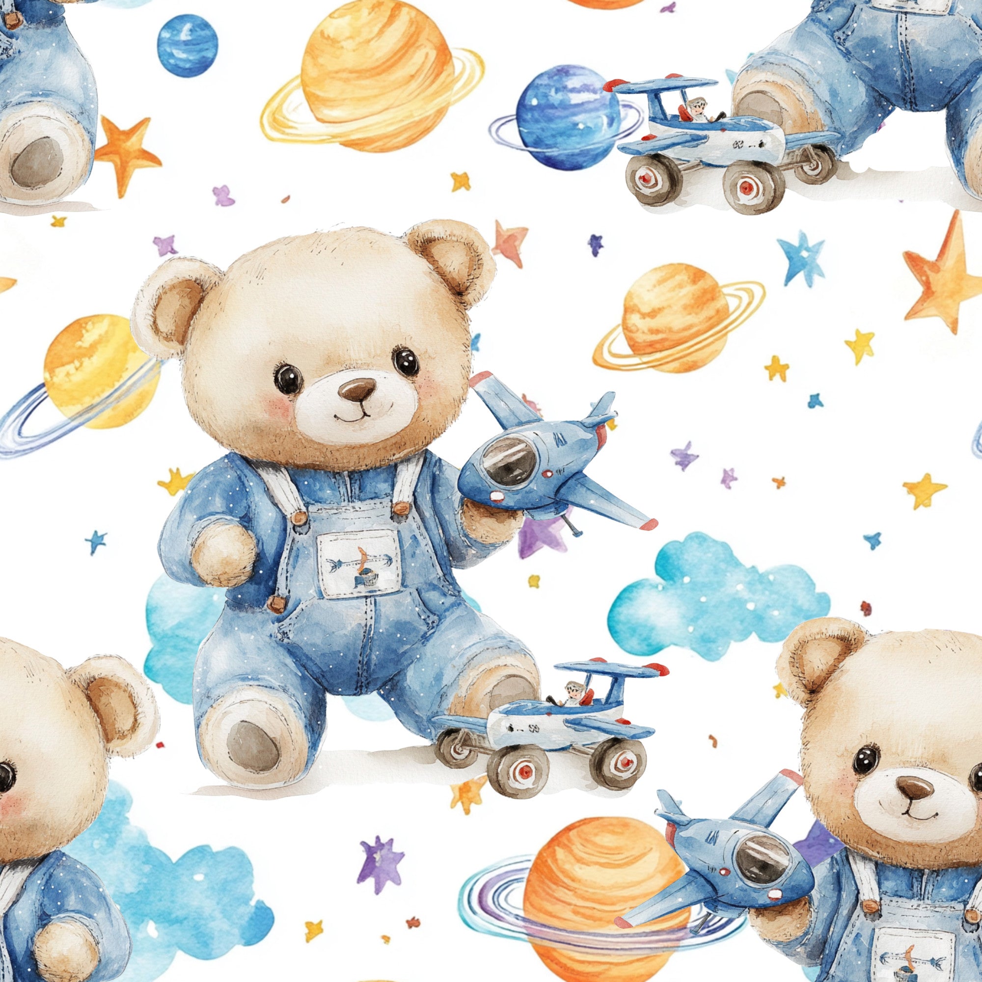 blue, teddy bear, astronaut bear, space theme, planets, stars, rockets, spaceships, watercolor style, baby boy, nursery fabric,, fabric panel, cute animals, celestial, orange planets, saturn rings, whimsical, children's fabric, soft pastels