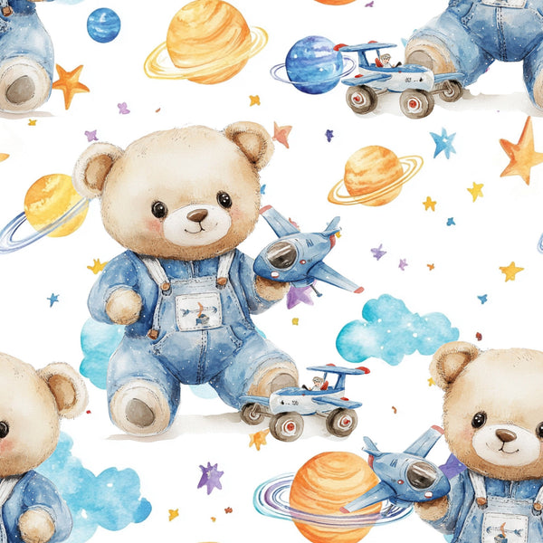 blue, teddy bear, astronaut bear, space theme, planets, stars, rockets, spaceships, watercolor style, baby boy, nursery fabric,, fabric panel, cute animals, celestial, orange planets, saturn rings, whimsical, children's fabric, soft pastels