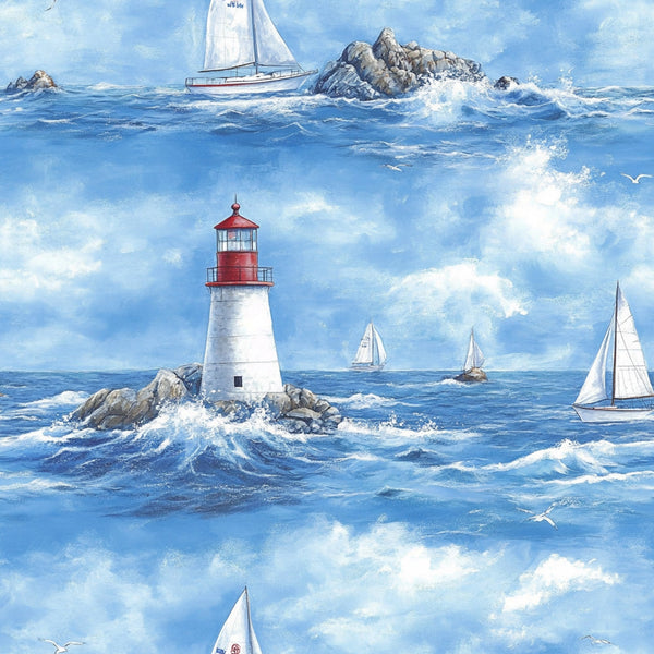 lighthouse, sailboats, ocean waves, blue water, white sails, red lantern, rocky coastline, seagulls, nautical theme, marine scene, coastal landscape, cloudy sky, sailing vessels, maritime,, fabric panel, watercolor style, peaceful mood, summer vibes, seaside