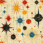 retro starburst, mid-century modern, atomic age, orange, red, blue, black, yellow, geometric pattern, radiating spikes, celestial design, vintage style,, fabric panel, sunburst motif, space age, abstract shapes, grid background, modernist design, bright colors
