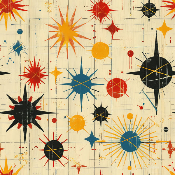 retro starburst, mid-century modern, atomic age, orange, red, blue, black, yellow, geometric pattern, radiating spikes, celestial design, vintage style,, fabric panel, sunburst motif, space age, abstract shapes, grid background, modernist design, bright colors