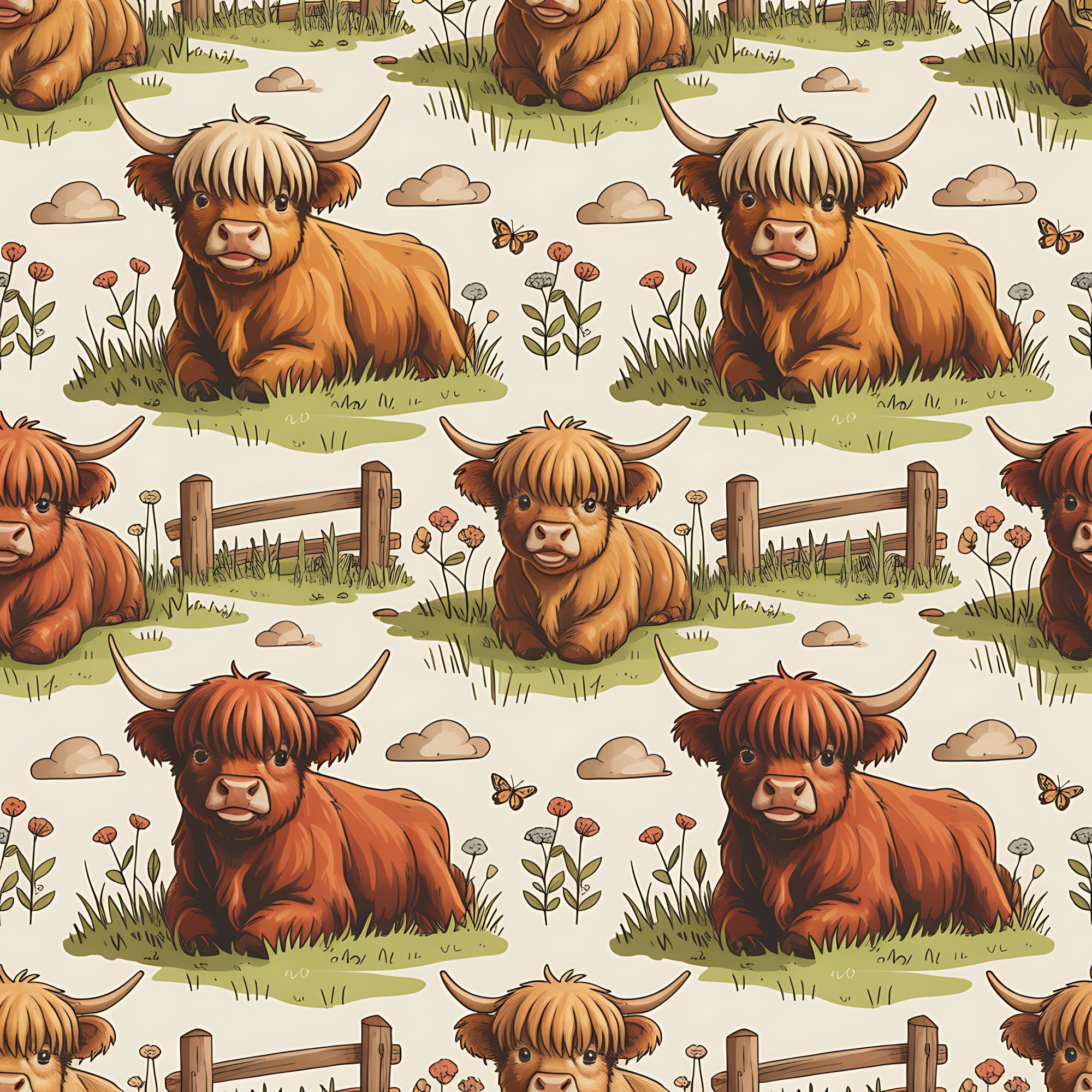 highland cows, cartoon style, orange fur, brown shades, pastoral scene, green grass, wooden fence, wildflowers, butterflies, clouds,, fabric panel, repeating pattern, cute animals, farm theme, countryside, illustration art, soft colors, beige background, whimsical design
