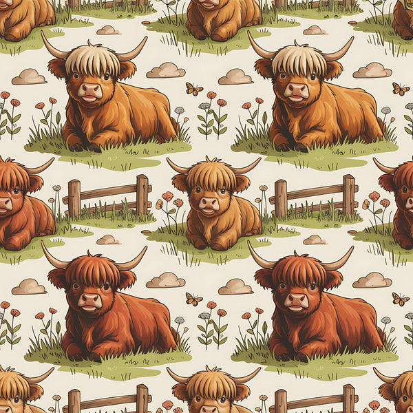 highland cows, cartoon style, orange fur, brown shades, pastoral scene, green grass, wooden fence, wildflowers, butterflies, clouds,, fabric panel, repeating pattern, cute animals, farm theme, countryside, illustration art, soft colors, beige background, whimsical design