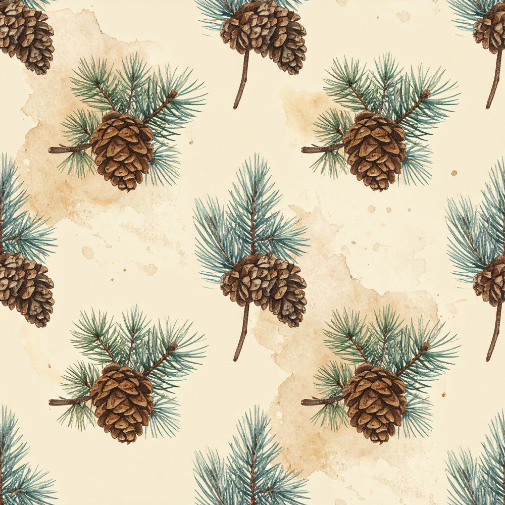cream, tan, beige, teal, forest green, brown, pinecone, evergreen, pine needles, nature, woodland, rustic, vintage, botanical, winter, christmas, holiday, natural, earthy, traditional, cabin, lodge, farmhouse, forest theme, conifer, needle leaves, aged paper texture, warm tones