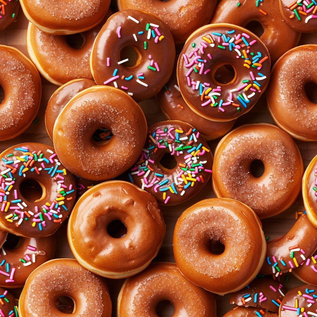 donuts, chocolate glaze, colorful sprinkles, junk food, sweet treats, brown tones, pink sprinkles, blue sprinkles, yellow sprinkles, green sprinkles, white sprinkles, food pattern, dessert theme, glazed donuts, rainbow sprinkles,, fabric panel, bakery treats, sugar coating, circular shapes