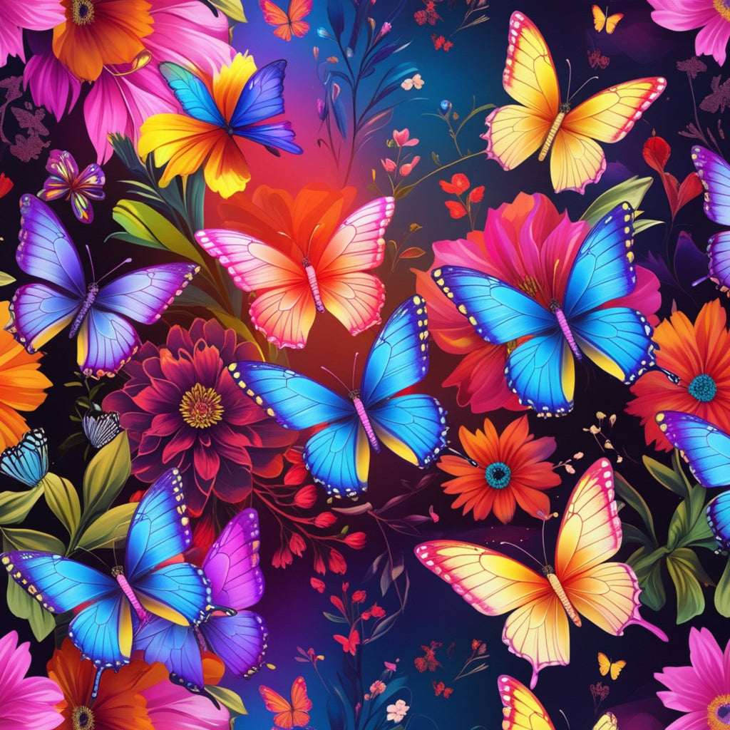 butterflies, floral, fantasy, vibrant colors, blue, purple, pink, orange, yellow, red,, fabric panel, tropical flowers, colorful wings, nature motif, bright blooms, whimsical design, garden theme, artistic illustration, rainbow colors