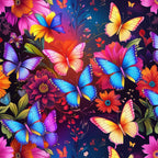 butterflies, floral, fantasy, vibrant colors, blue, purple, pink, orange, yellow, red,, fabric panel, tropical flowers, colorful wings, nature motif, bright blooms, whimsical design, garden theme, artistic illustration, rainbow colors