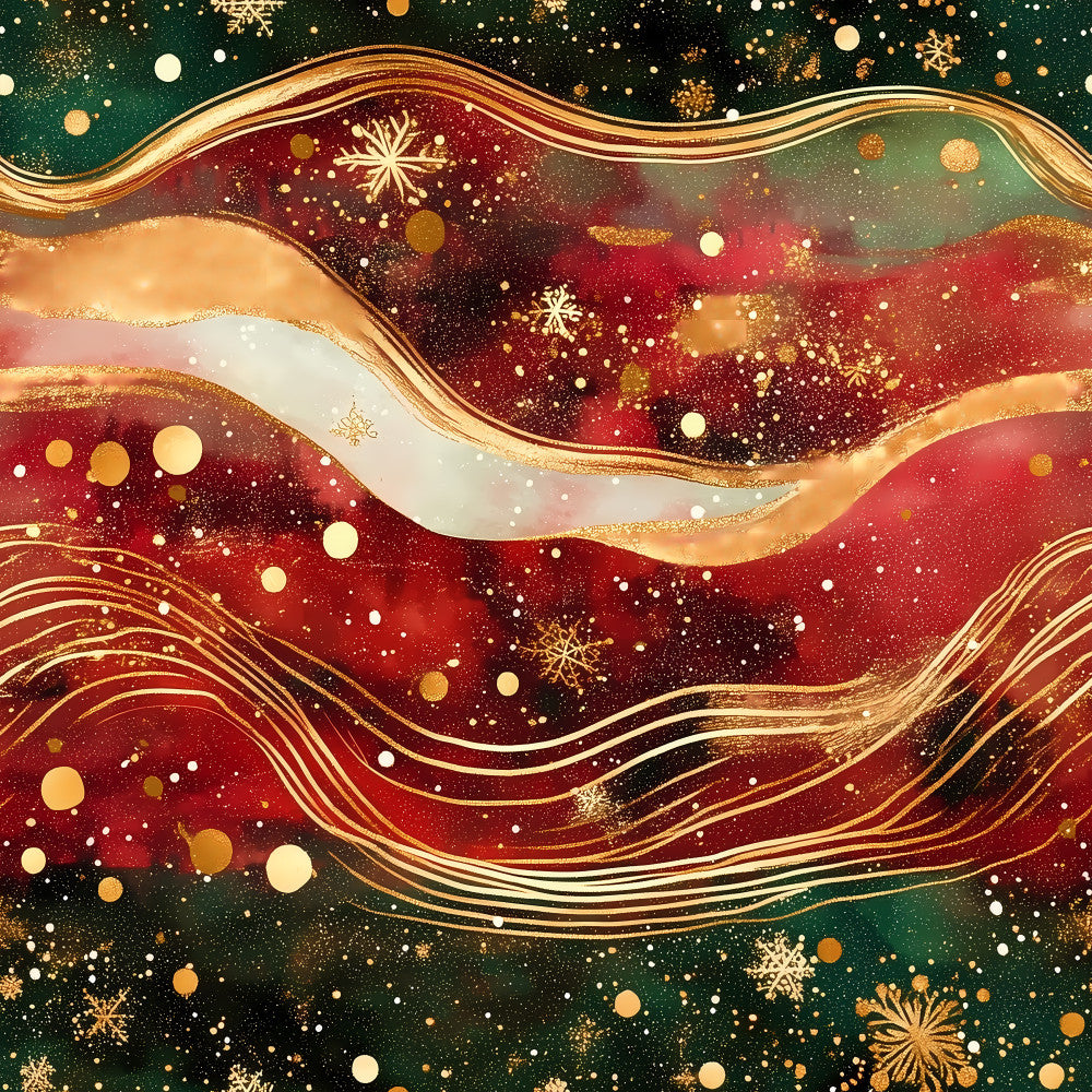 deep red, forest green, gold, cream white, burgundy, champagne gold, metallic gold, elegant, luxurious, festive, holiday, christmas, winter, abstract, wavy, flowing, snowflakes, geometric, modern, glamorous, sparkly, glittery, sophisticated, formal, celebratory, decorative accents, gold foil, dimensional, festive holiday, rich jewel tones