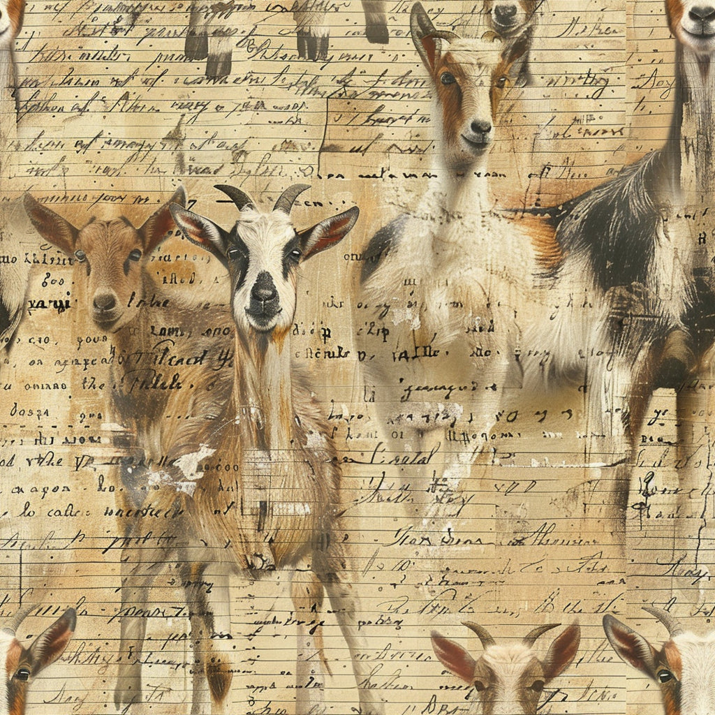 farm animals, goats, vintage manuscript, handwritten text, beige background, brown tones, cream colors, sepia palette, rustic style,, fabric panel, pastoral theme, livestock, antique writing, aged paper look, country living, barnyard animals, artistic overlay, farm life, nostalgic feel