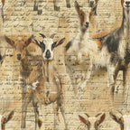farm animals, goats, vintage manuscript, handwritten text, beige background, brown tones, cream colors, sepia palette, rustic style,, fabric panel, pastoral theme, livestock, antique writing, aged paper look, country living, barnyard animals, artistic overlay, farm life, nostalgic feel