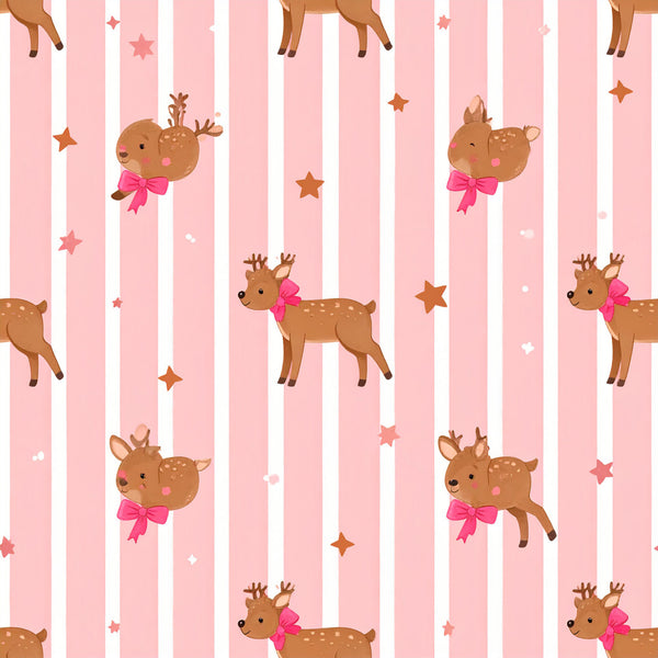 blush pink, white, tan, brown, reindeer, deer, holiday, christmas, festive, striped pattern, stars, sparkles, pink bow, whimsical, cute, playful, nursery, baby room, kids room, girl's room, baby shower, sweet, magical, winter, seasonal, soft, charming, family-friendly