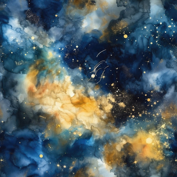 navy blue, deep blue, golden yellow, orange, white, cream, cosmic nebula, starry sky, celestial pattern, swirling clouds, space scene, galaxy design, astronomical theme, dreamy atmosphere, watercolor style,, fabric panel, night sky, stellar field, cosmic dust, ethereal mood