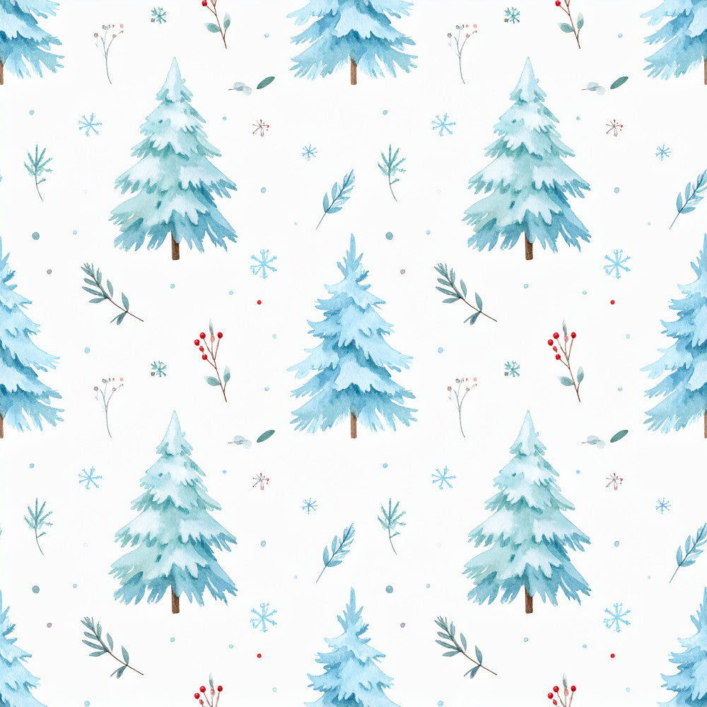 winter trees, snow-covered evergreens, snowflakes, frost blue, ice blue, powder blue, teal, sage green, white background, winter forest, pine trees, coniferous trees, holiday, christmas, winter theme, nature, botanical, festive, whimsical, delicate, woodland, berries, winter botanicals, kids room, nursery, baby shower, winter wonderland, snowy landscape, cozy, rustic winter