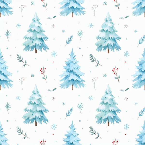 winter trees, snow-covered evergreens, snowflakes, frost blue, ice blue, powder blue, teal, sage green, white background, winter forest, pine trees, coniferous trees, holiday, christmas, winter theme, nature, botanical, festive, whimsical, delicate, woodland, berries, winter botanicals, kids room, nursery, baby shower, winter wonderland, snowy landscape, cozy, rustic winter