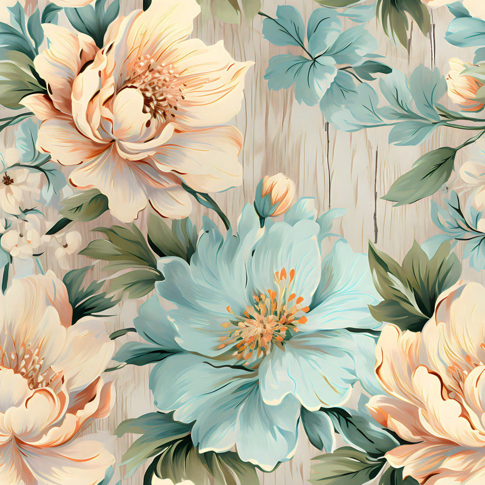 peach, cream, teal, sage green, dusty blue, coral orange, soft peachy, pale yellow, floral, botanical, large flowers, peonies, dahlias, nature, garden, elegant, romantic, vintage, traditional, whimsical, painterly, watercolor style, flower petals, stamens, leafy foliage, spring, summer, soft and feminine, cottage core, farmhouse