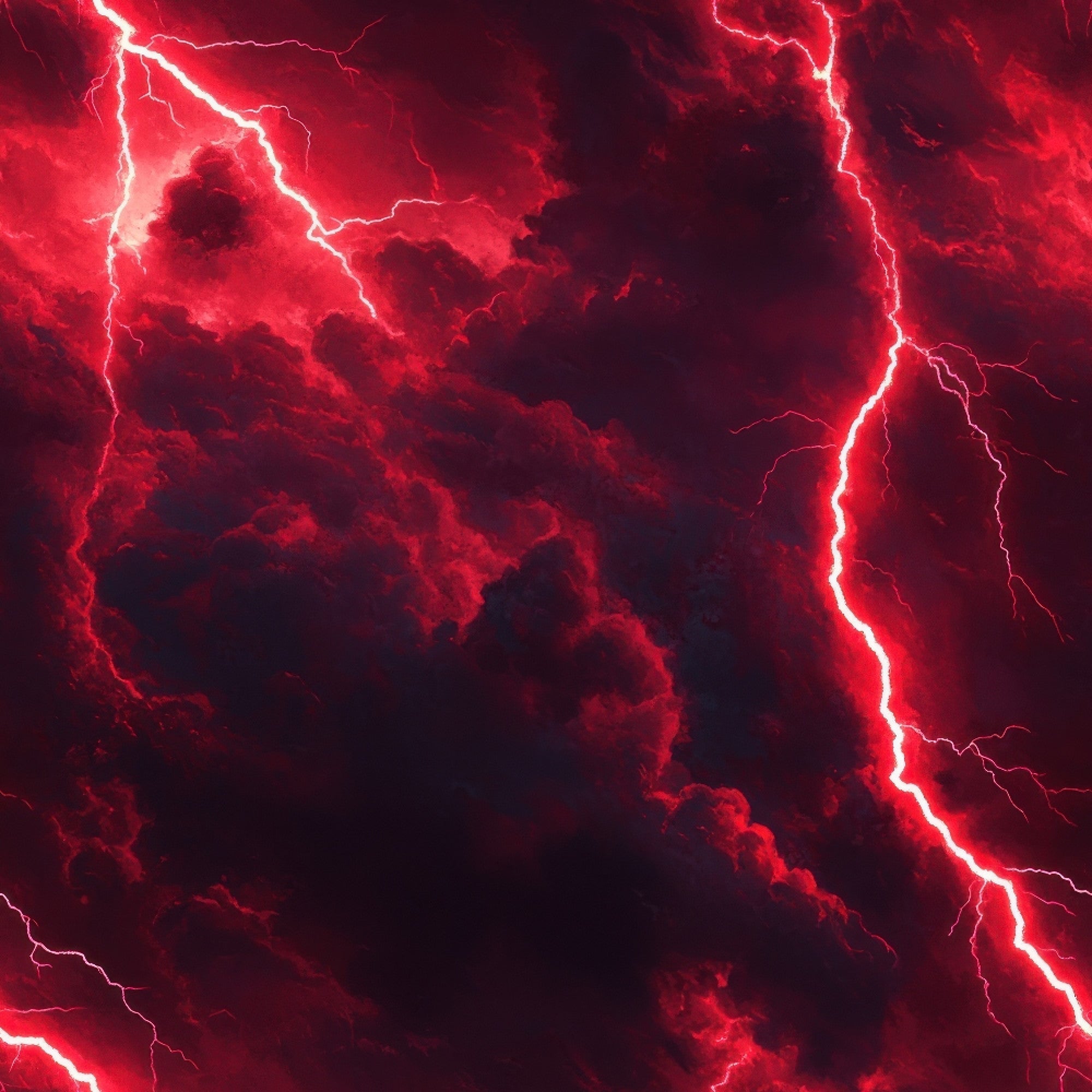 red, crimson, burgundy, lightning bolts, thunderstorm, storm clouds, dramatic sky, electric pattern, weather motif,, fabric panel, intense mood, stormy atmosphere, branching lightning, cloud formations, deep red tones, natural phenomenon, tempest design, electrical discharge, atmospheric scene