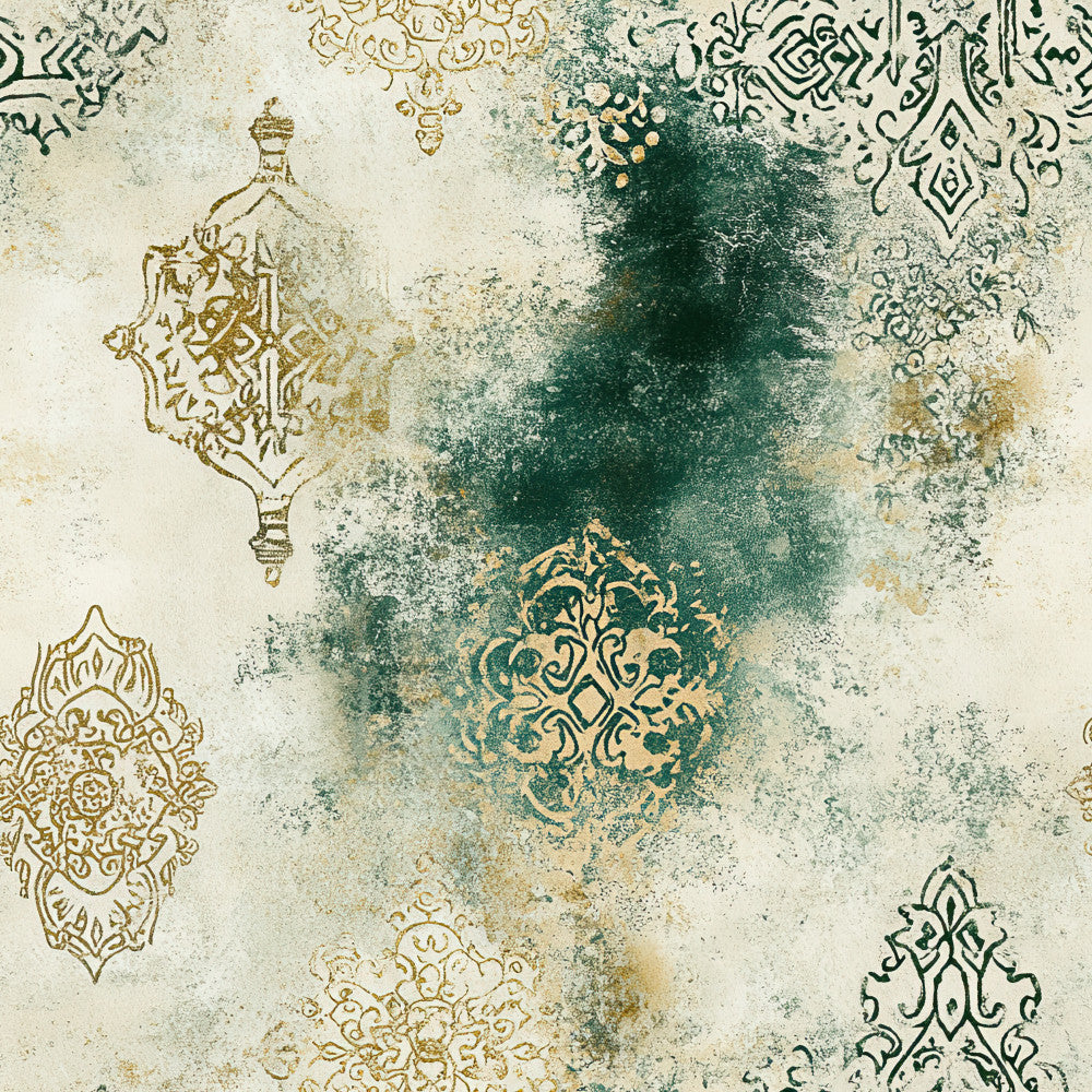 cream, gold, forest green, teal, vintage, ornamental, damask, paisley, medallion, moroccan, bohemian, elegant, distressed, weathered, grunge, traditional, ornate, arabesque, geometric, botanical, rustic, boho, patina, aged, antique, home decor, upholstery, traditional patterns, intricate designs, luxe aesthetic