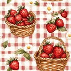 red strawberries, wicker baskets, red gingham, checkered pattern, white daisies, green leaves, picnic theme,, fabric panel, summer fruits, country style, pastoral design, botanical elements, cottage core, rustic charm, food illustration, berry motif, farmhouse aesthetic, vintage inspired