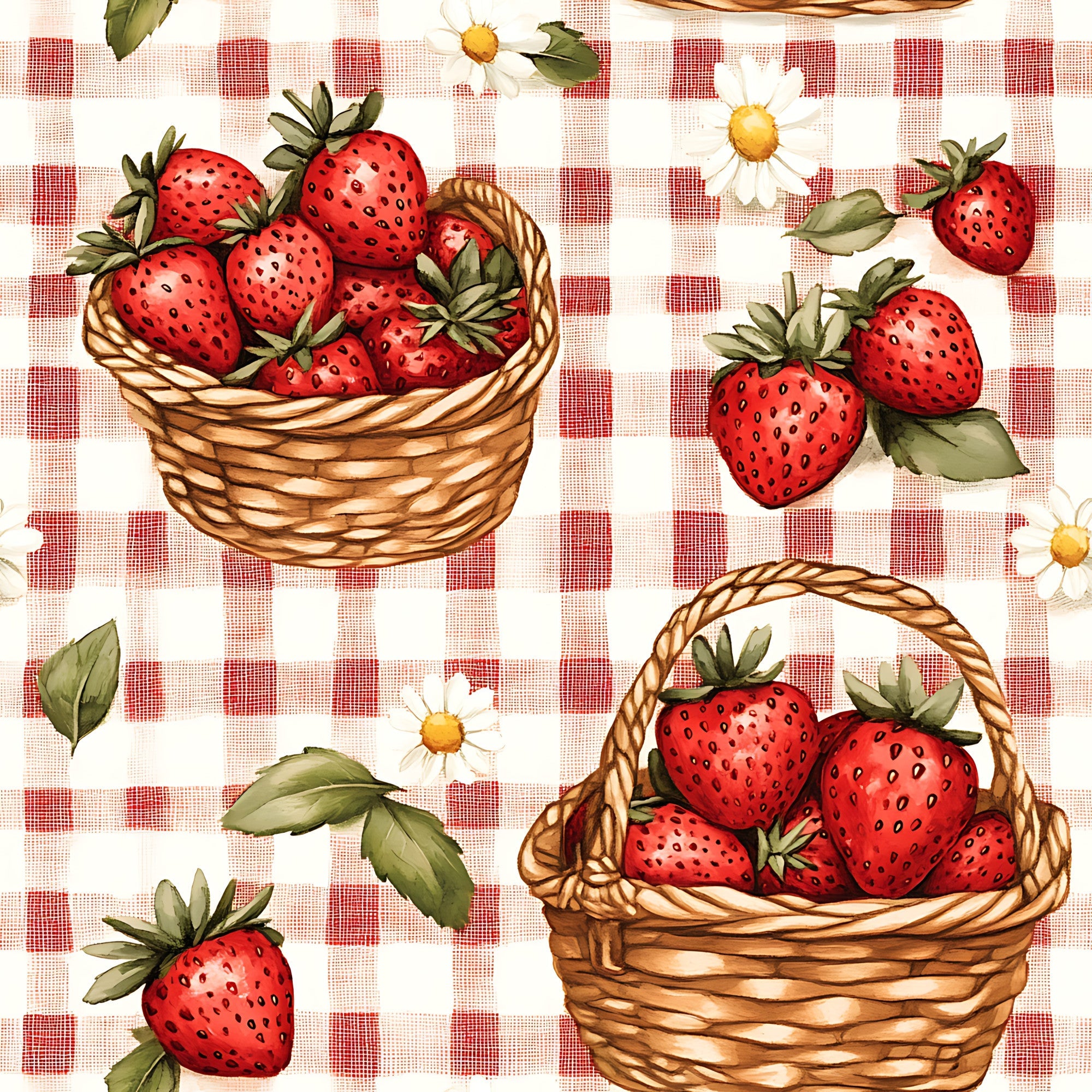 red strawberries, wicker baskets, red gingham, checkered pattern, white daisies, green leaves, picnic theme,, fabric panel, summer fruits, country style, pastoral design, botanical elements, cottage core, rustic charm, food illustration, berry motif, farmhouse aesthetic, vintage inspired