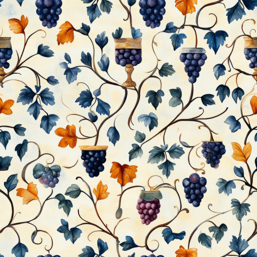 grape vines, purple grapes, wine goblets, orange leaves, blue leaves, autumn foliage, vineyard theme, botanical pattern, curving vines,, fabric panel, harvest season, wine theme, decorative chalices, flowing branches, nature motif, cream background, seasonal colors, organic design, fruit clusters