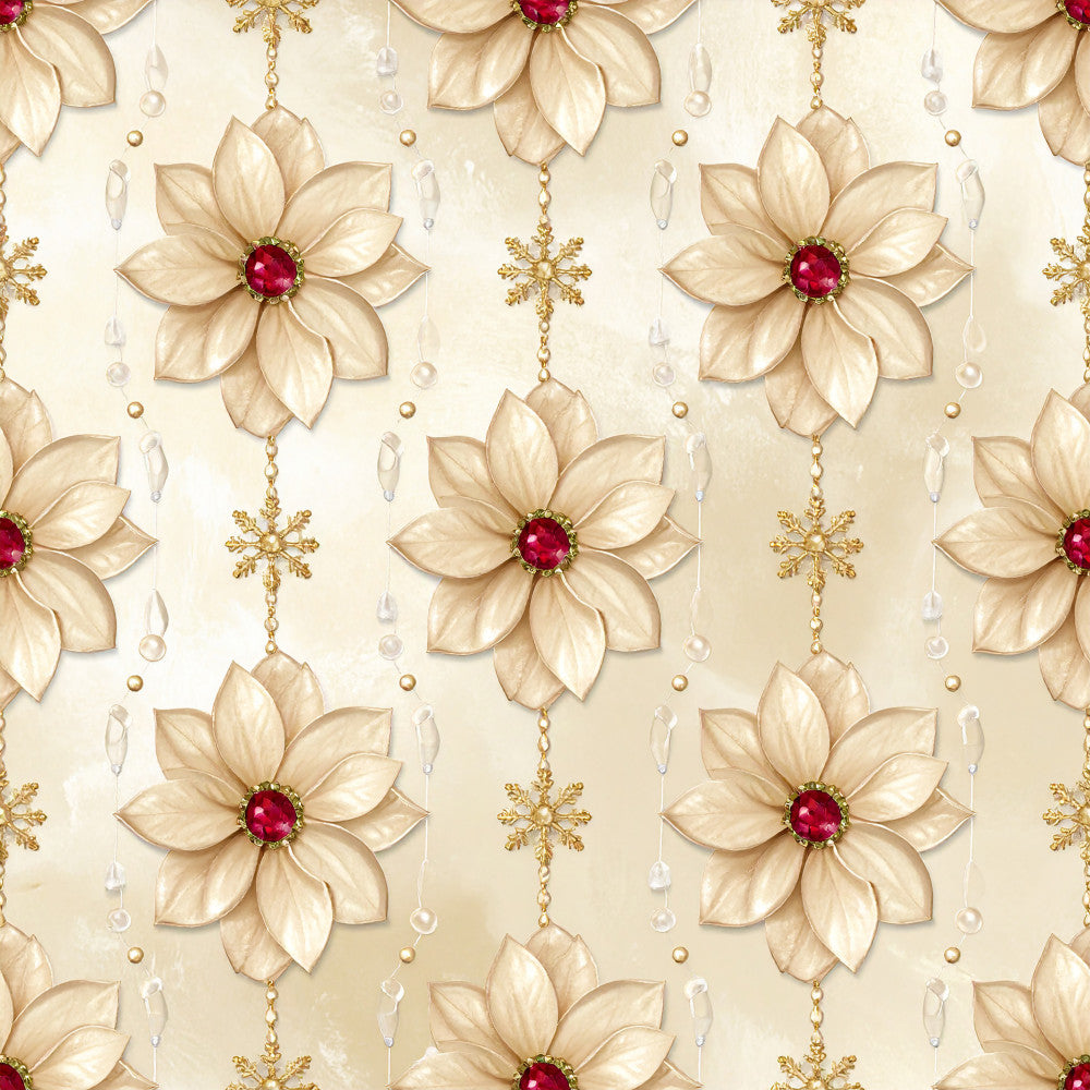 cream, gold, burgundy, deep red, champagne, beige, ivory, floral, poinsettia, snowflake, christmas, holiday, elegant, luxurious, ornamental, festive, winter, hanging ornaments, gem centers, metallic accents, traditional, sophisticated, seasonal, decorative, botanical, sparkle, shimmer, jewel-toned, premium, upscale