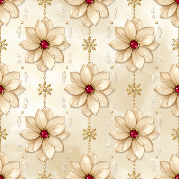 cream, gold, burgundy, deep red, champagne, beige, ivory, floral, poinsettia, snowflake, christmas, holiday, elegant, luxurious, ornamental, festive, winter, hanging ornaments, gem centers, metallic accents, traditional, sophisticated, seasonal, decorative, botanical, sparkle, shimmer, jewel-toned, premium, upscale